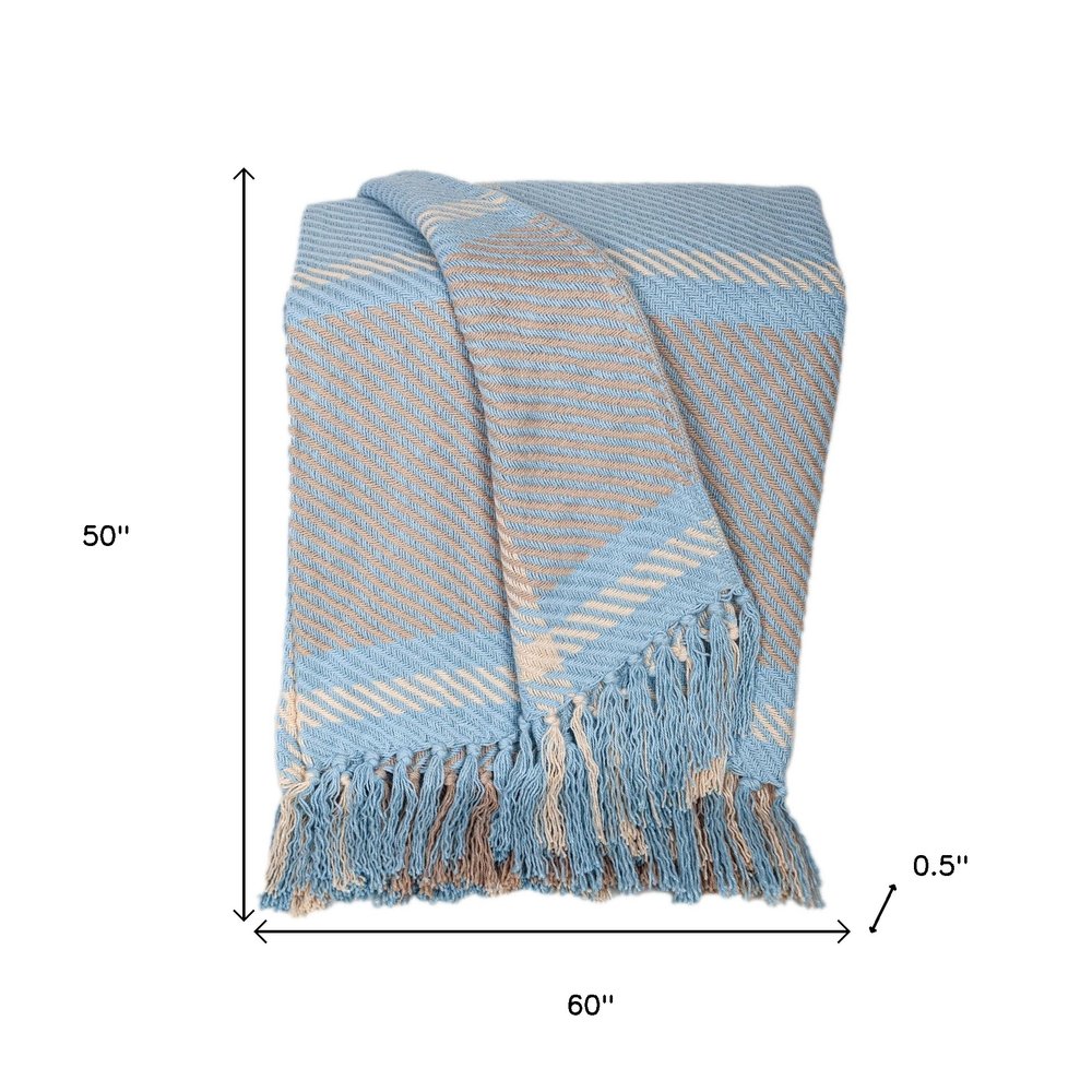 50" X 60" Blue Gray and Beige Woven Cotton Plaid Throw Blanket with Fringe HomeRoots