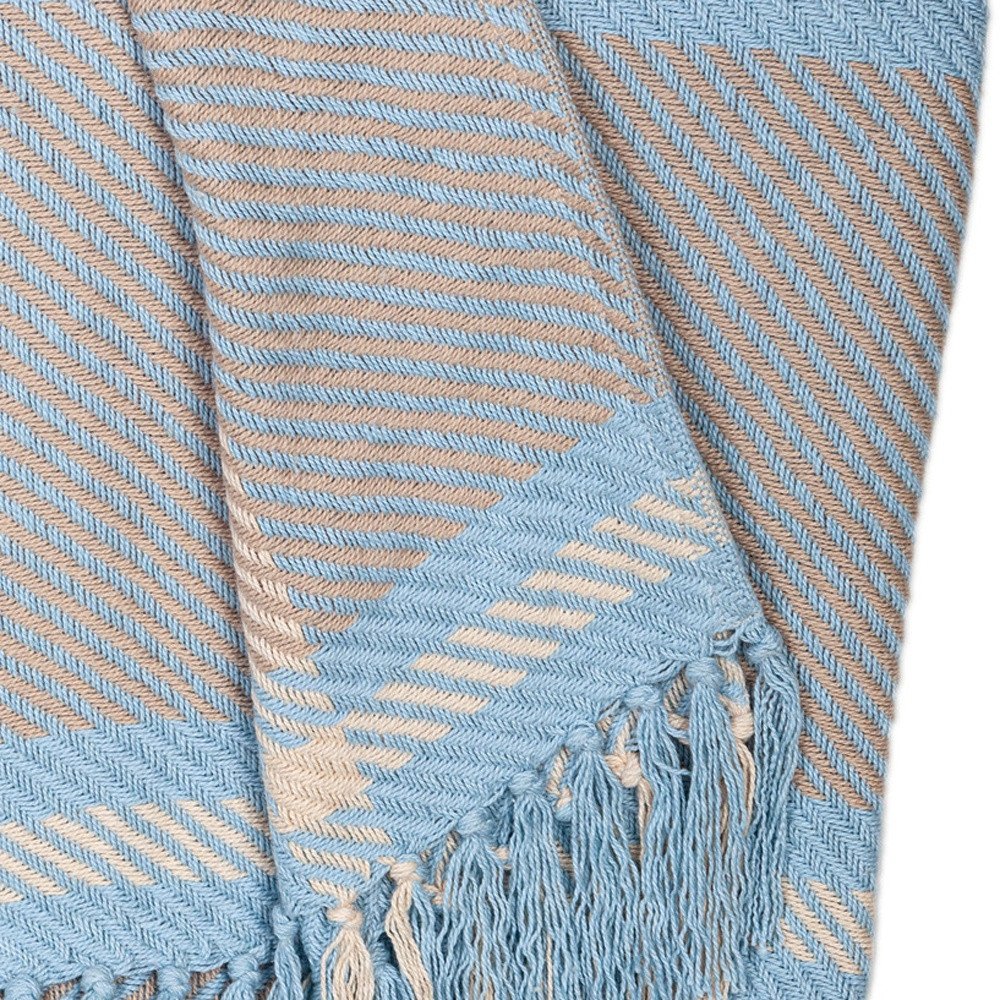 50" X 60" Blue Gray and Beige Woven Cotton Plaid Throw Blanket with Fringe HomeRoots