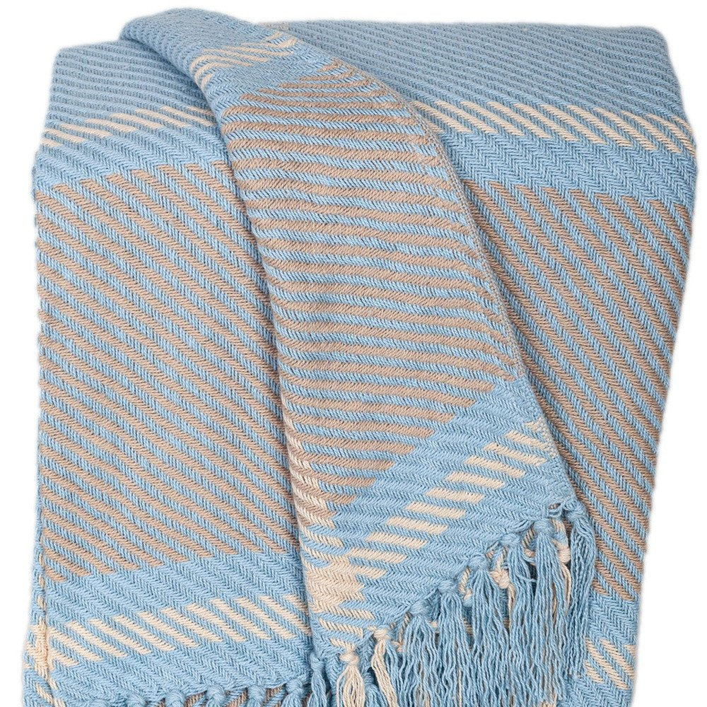 50" X 60" Blue Gray and Beige Woven Cotton Plaid Throw Blanket with Fringe HomeRoots