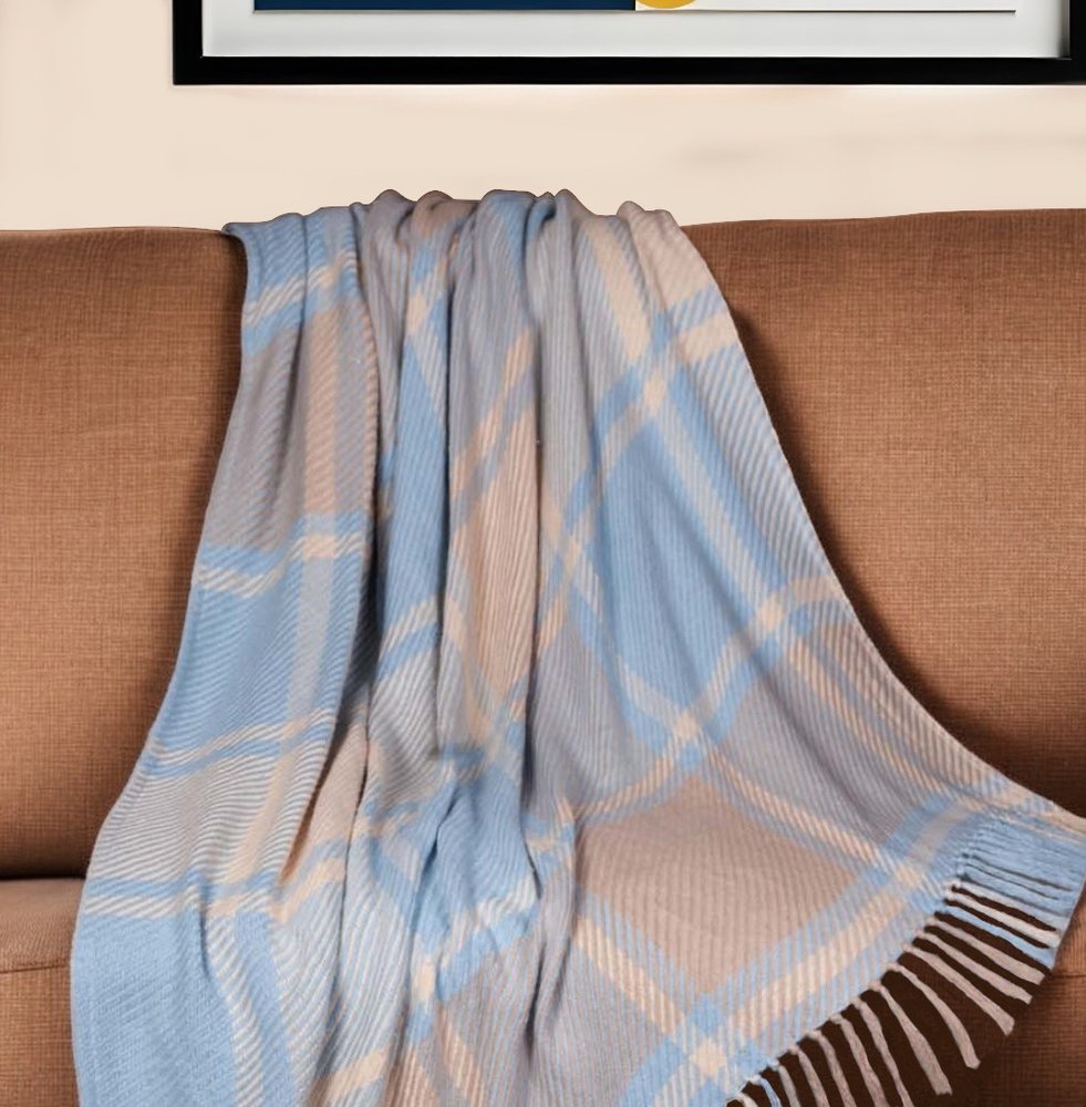 50" X 60" Blue Gray and Beige Woven Cotton Plaid Throw Blanket with Fringe HomeRoots