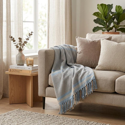 50" X 60" Blue Gray and Beige Woven Cotton Plaid Throw Blanket with Fringe HomeRoots