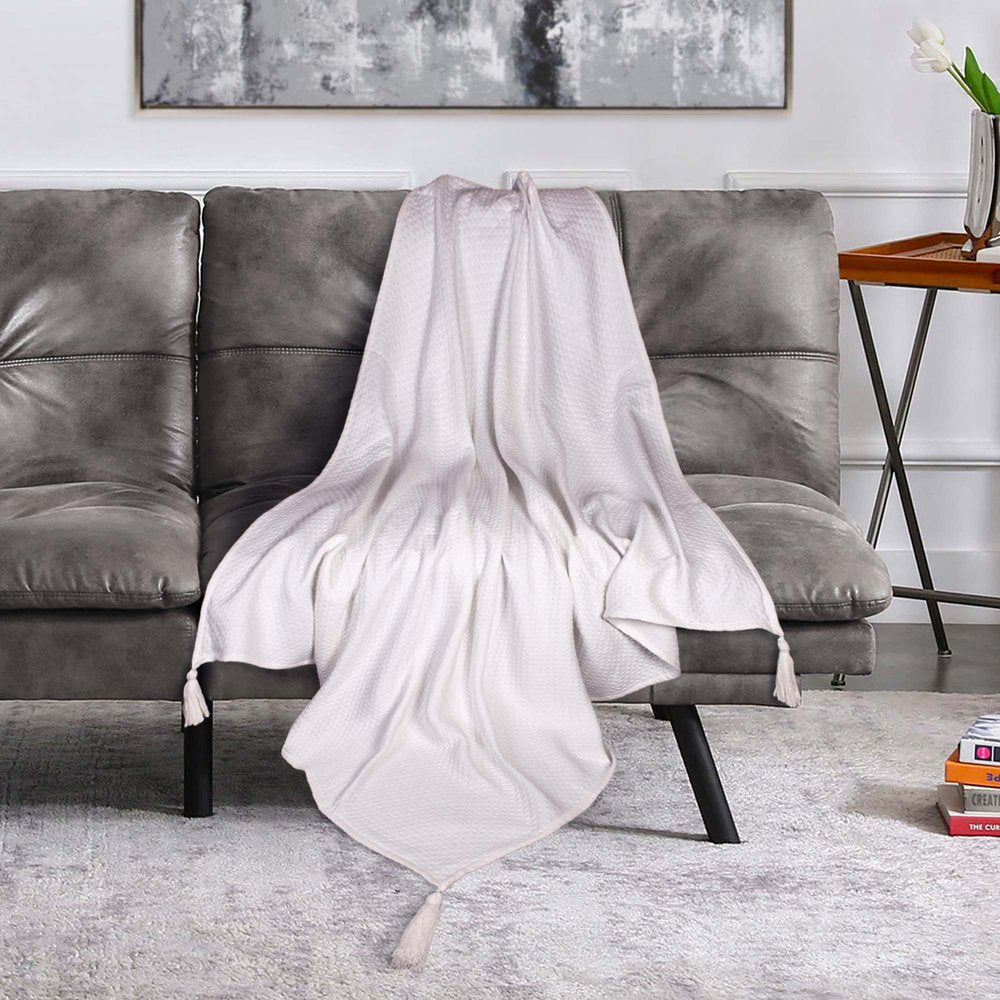 60" X 50" White Woven Cotton Throw Blanket HomeRoots