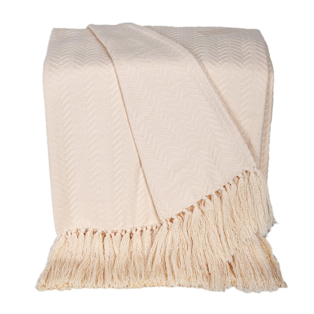 50" X 60" Cream Woven Cotton Herringbone Throw Blanket with Fringe HomeRoots