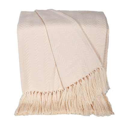 50" X 60" Cream Woven Cotton Herringbone Throw Blanket with Fringe HomeRoots
