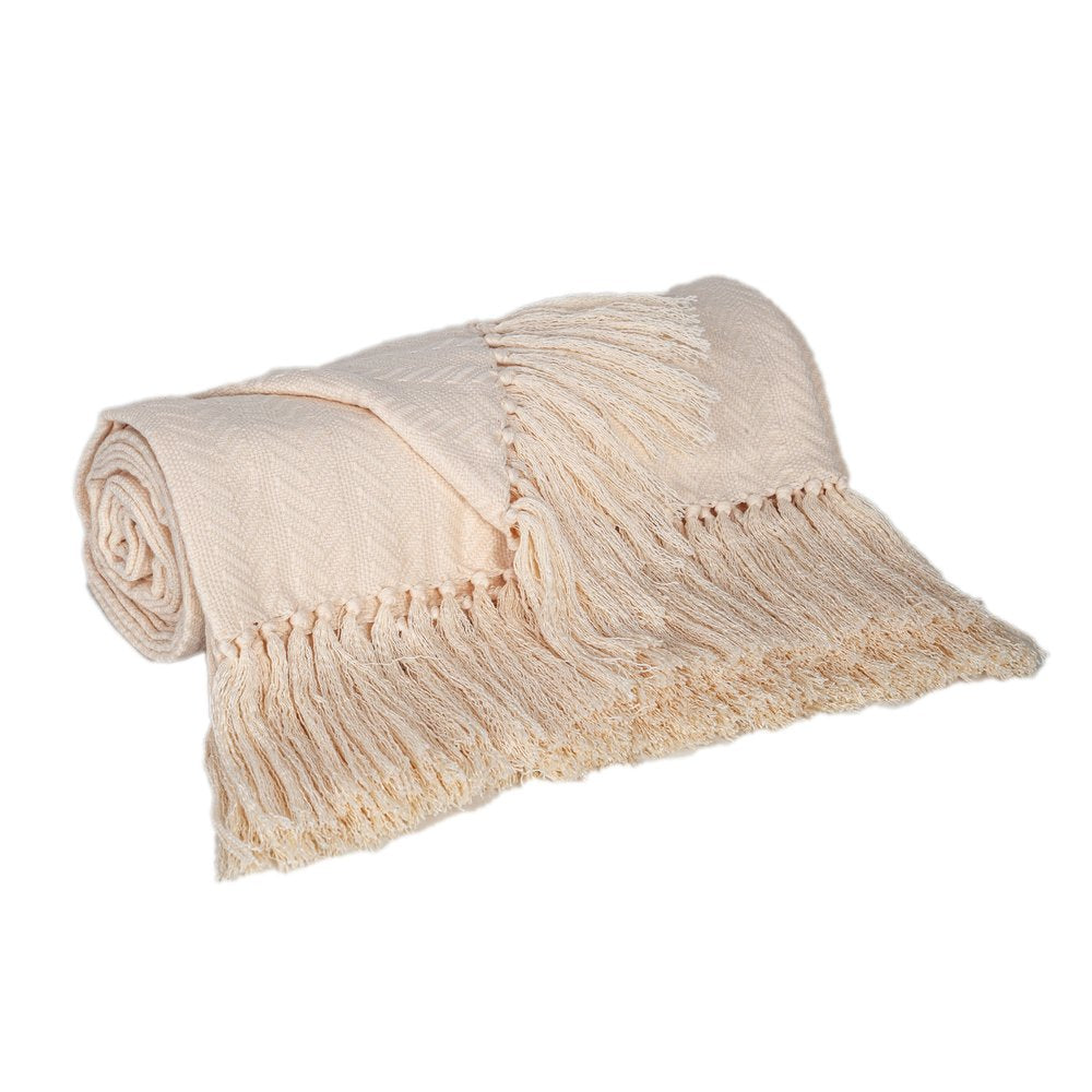 50" X 60" Cream Woven Cotton Herringbone Throw Blanket with Fringe HomeRoots