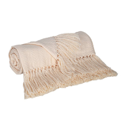 50" X 60" Cream Woven Cotton Herringbone Throw Blanket with Fringe HomeRoots