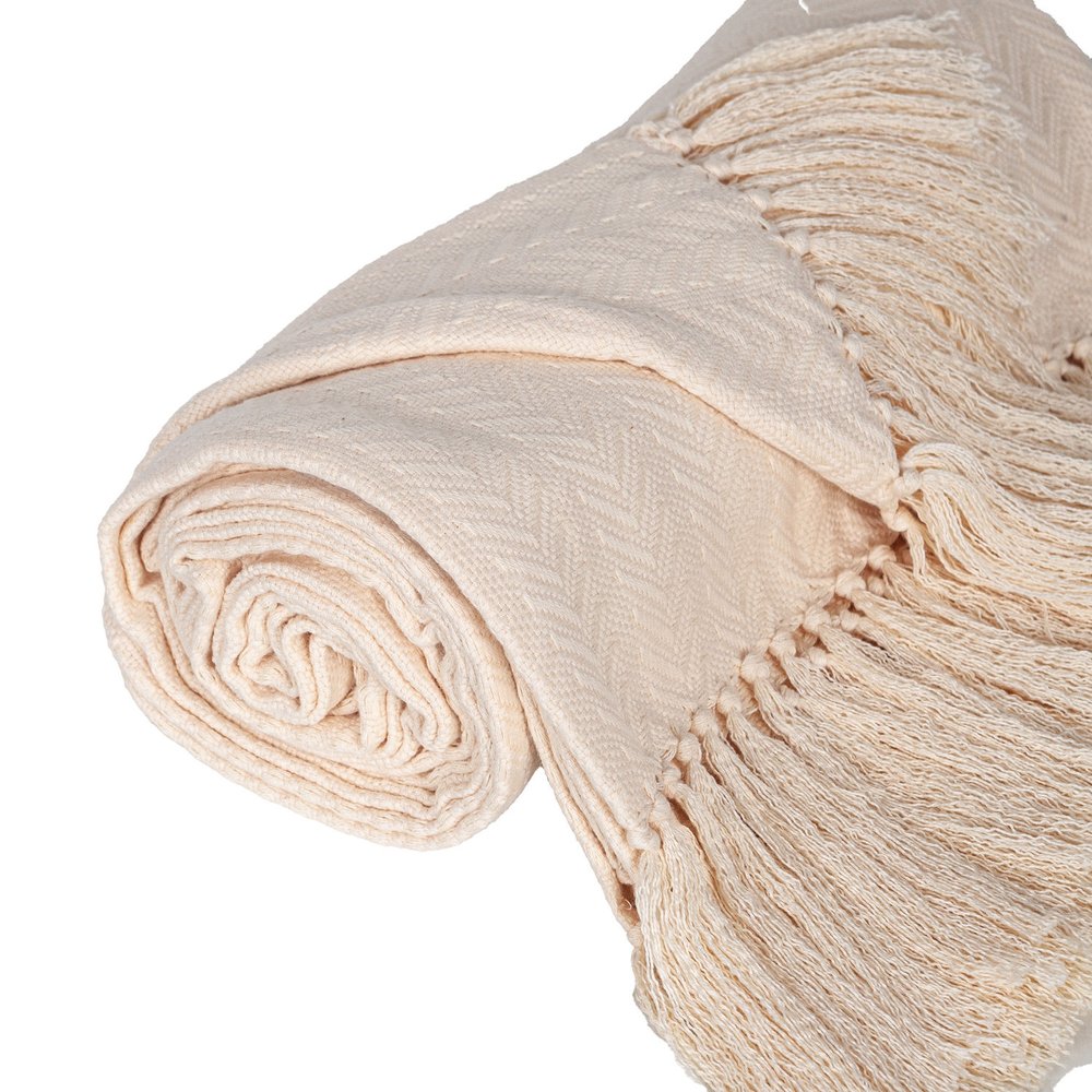 50" X 60" Cream Woven Cotton Herringbone Throw Blanket with Fringe HomeRoots