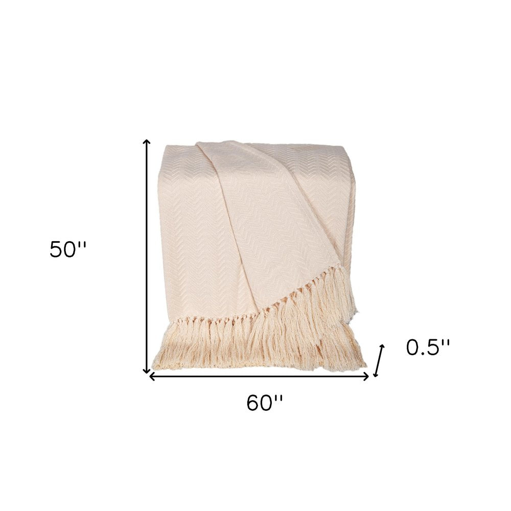 50" X 60" Cream Woven Cotton Herringbone Throw Blanket with Fringe HomeRoots