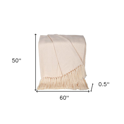 50" X 60" Cream Woven Cotton Herringbone Throw Blanket with Fringe HomeRoots
