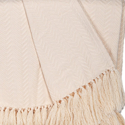 50" X 60" Cream Woven Cotton Herringbone Throw Blanket with Fringe HomeRoots