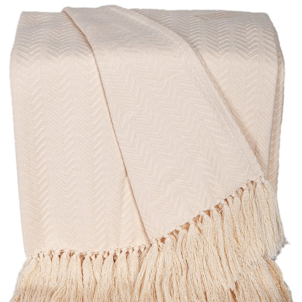 50" X 60" Cream Woven Cotton Herringbone Throw Blanket with Fringe HomeRoots