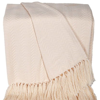 50" X 60" Cream Woven Cotton Herringbone Throw Blanket with Fringe HomeRoots