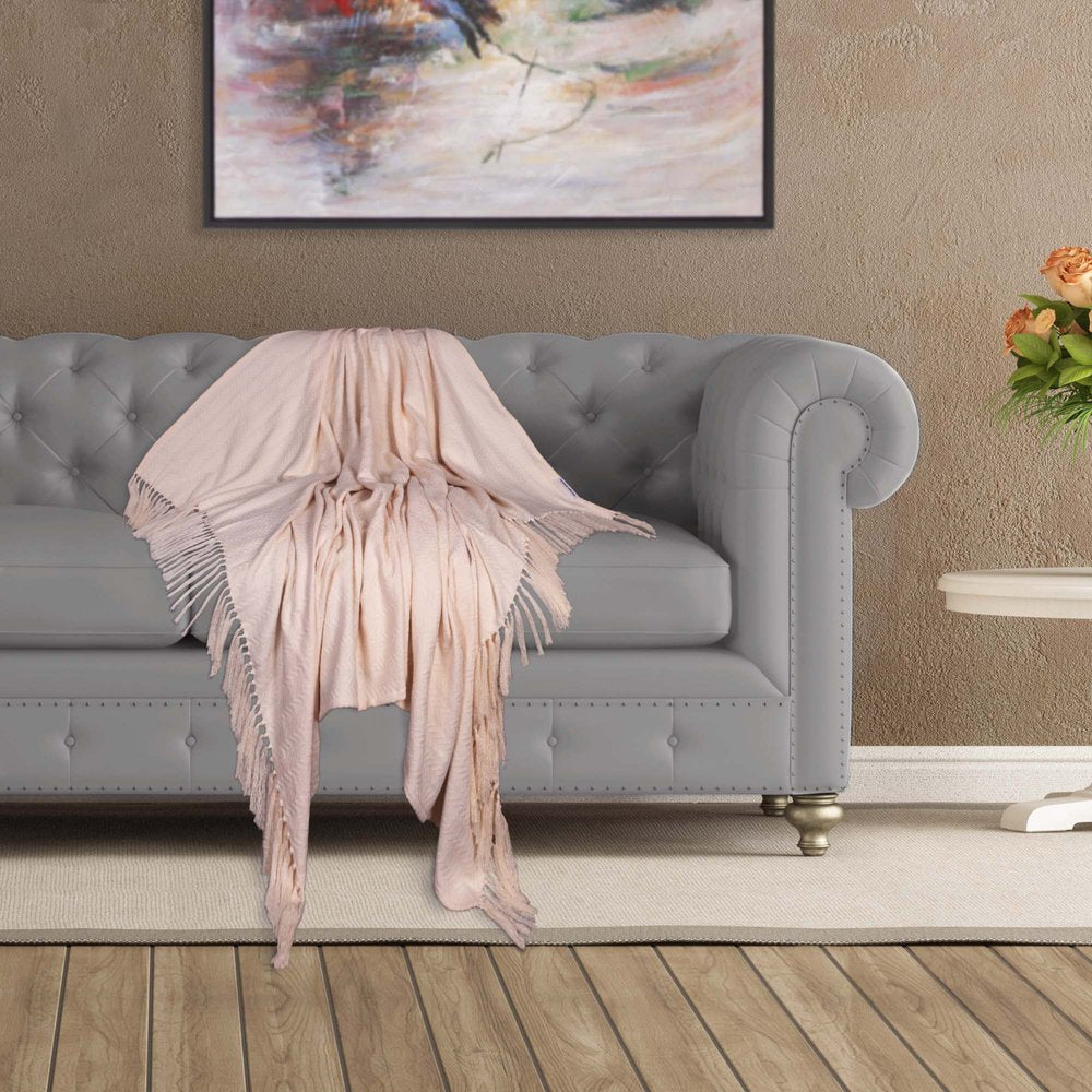50" X 60" Cream Woven Cotton Herringbone Throw Blanket with Fringe HomeRoots