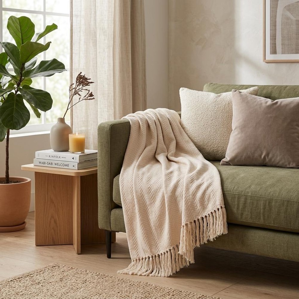 50" X 60" Cream Woven Cotton Herringbone Throw Blanket with Fringe HomeRoots