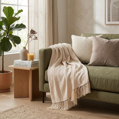 50" X 60" Cream Woven Cotton Herringbone Throw Blanket with Fringe HomeRoots