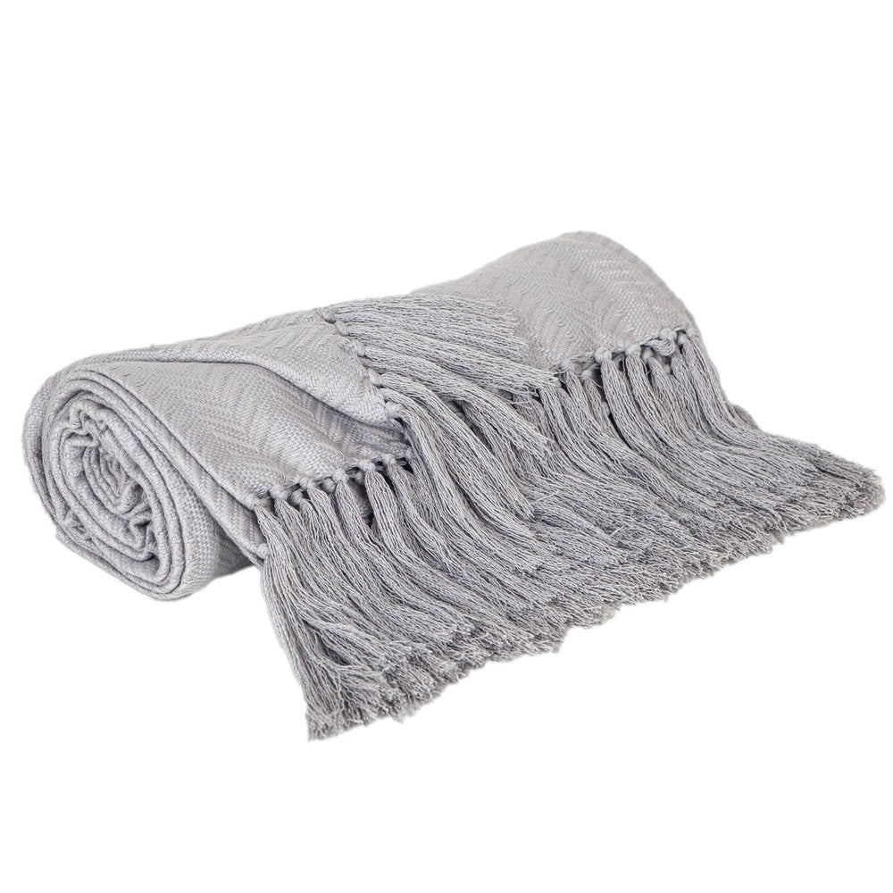 50" X 60" Gray Woven Cotton Herringbone Throw Blanket with Fringe HomeRoots
