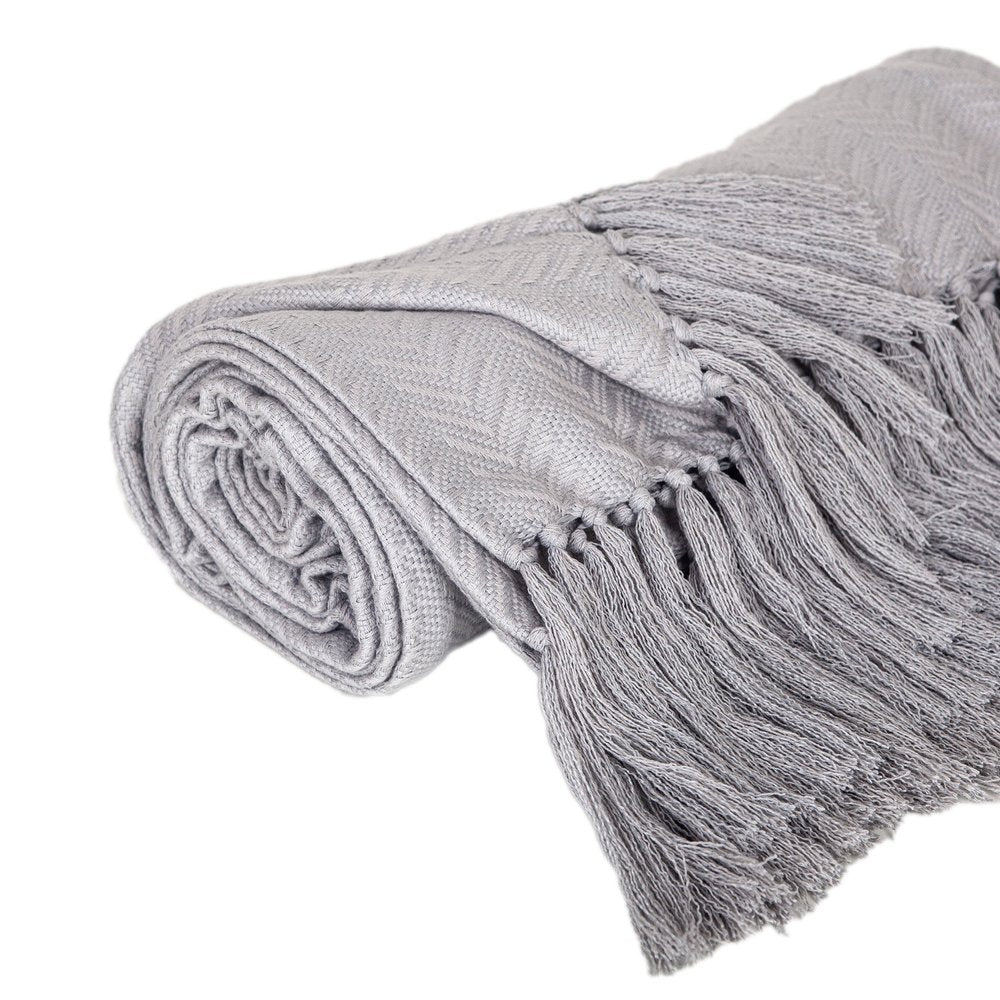 50" X 60" Gray Woven Cotton Herringbone Throw Blanket with Fringe HomeRoots