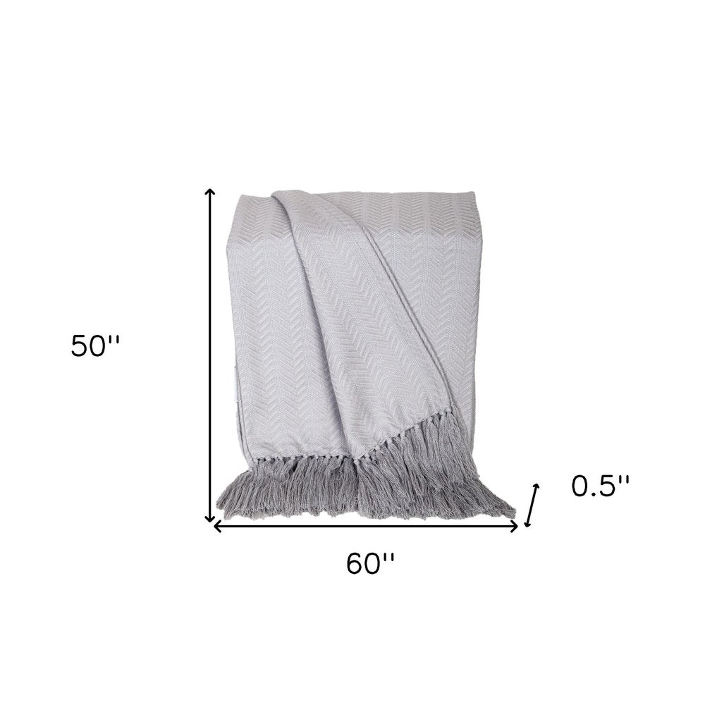 50" X 60" Gray Woven Cotton Herringbone Throw Blanket with Fringe HomeRoots