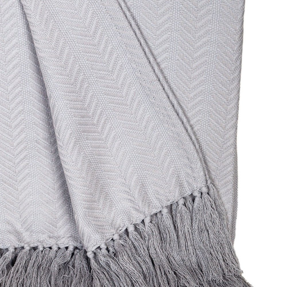 50" X 60" Gray Woven Cotton Herringbone Throw Blanket with Fringe HomeRoots