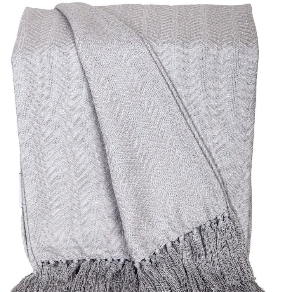 50" X 60" Gray Woven Cotton Herringbone Throw Blanket with Fringe HomeRoots