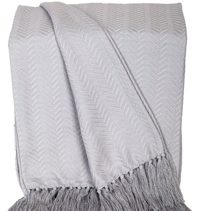 50" X 60" Gray Woven Cotton Herringbone Throw Blanket with Fringe HomeRoots