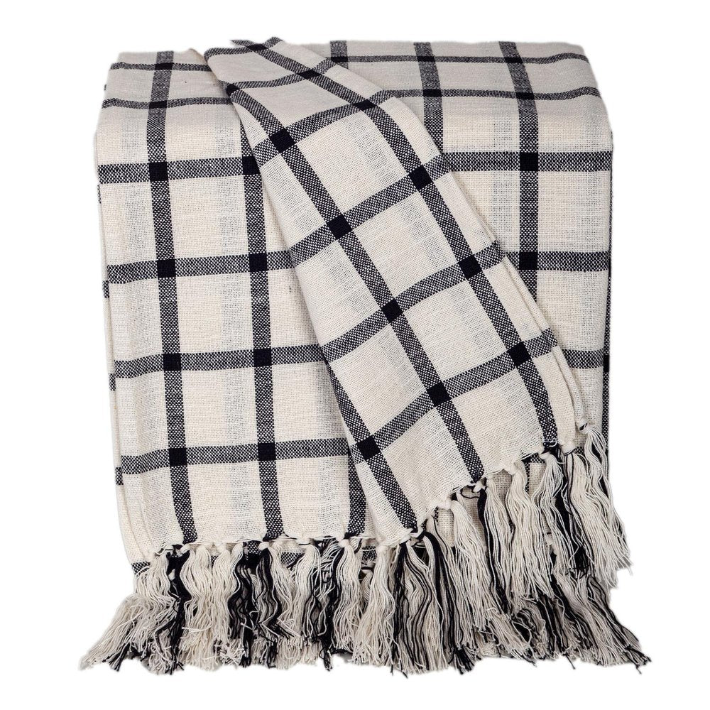 50" X 60" Black and Off White Cotton Woven Plaid Throw Throw Blanket with Fringe HomeRoots