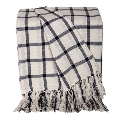 50" X 60" Black and Off White Cotton Woven Plaid Throw Throw Blanket with Fringe HomeRoots