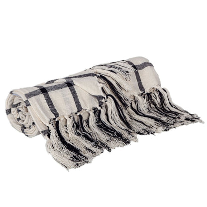 50" X 60" Black and Off White Cotton Woven Plaid Throw Throw Blanket with Fringe HomeRoots