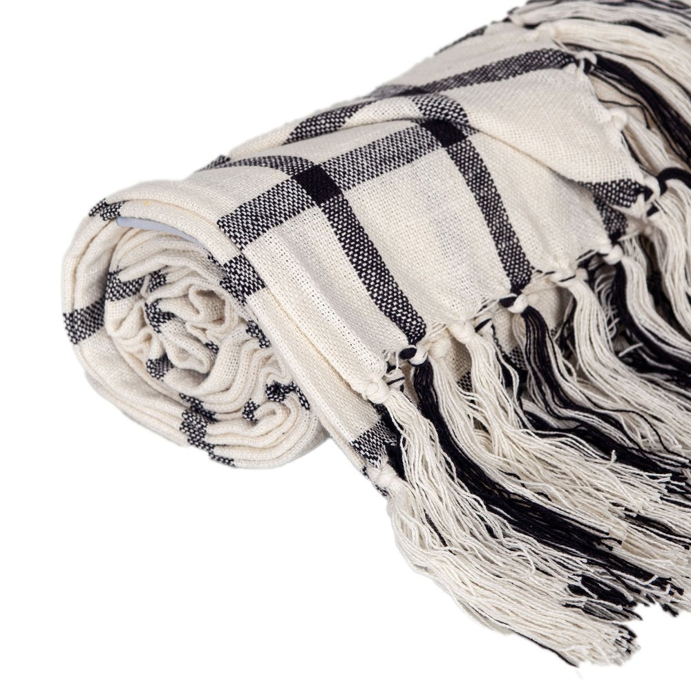 50" X 60" Black and Off White Cotton Woven Plaid Throw Throw Blanket with Fringe HomeRoots