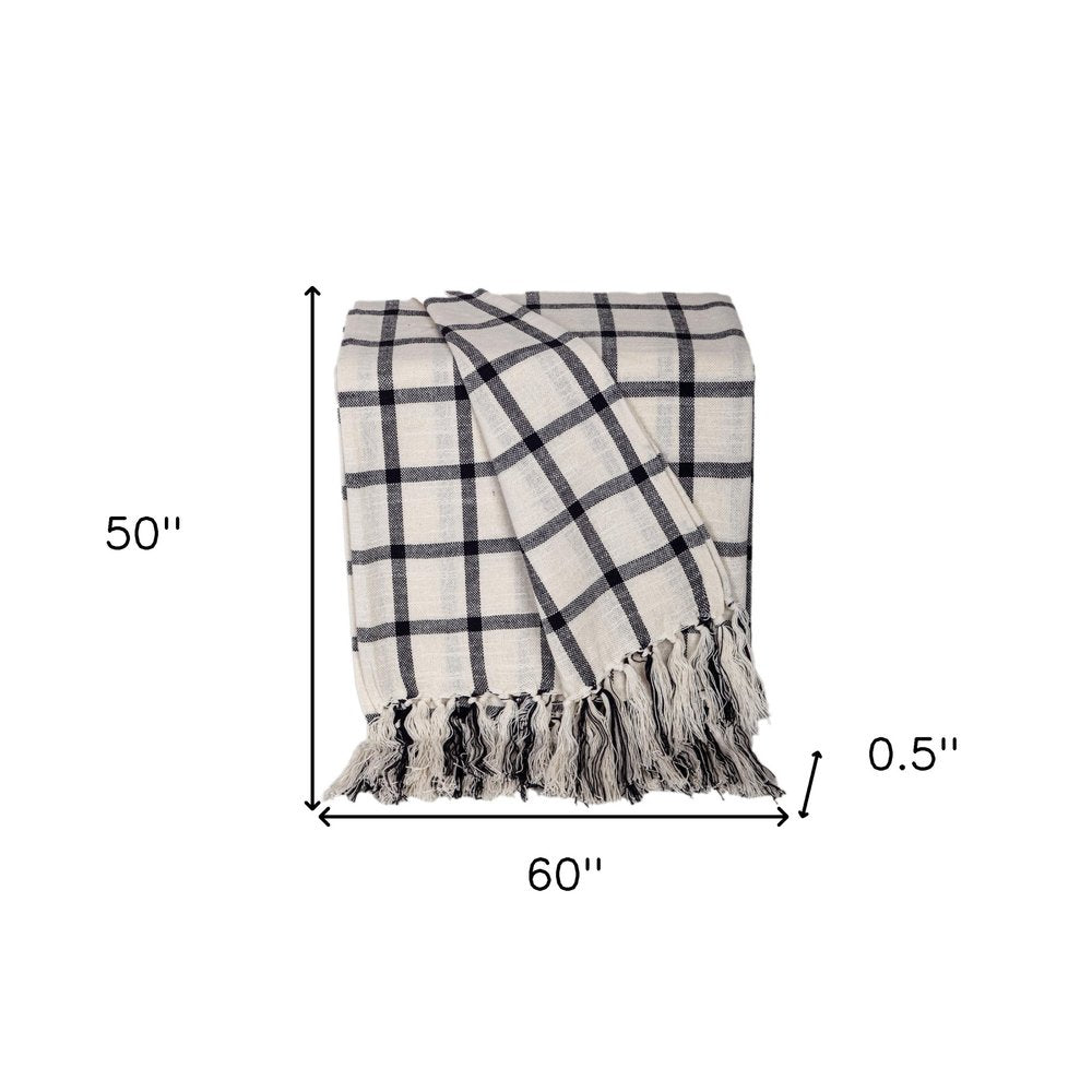 50" X 60" Black and Off White Cotton Woven Plaid Throw Throw Blanket with Fringe HomeRoots