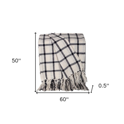 50" X 60" Black and Off White Cotton Woven Plaid Throw Throw Blanket with Fringe HomeRoots