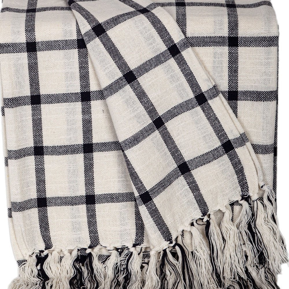 50" X 60" Black and Off White Cotton Woven Plaid Throw Throw Blanket with Fringe HomeRoots