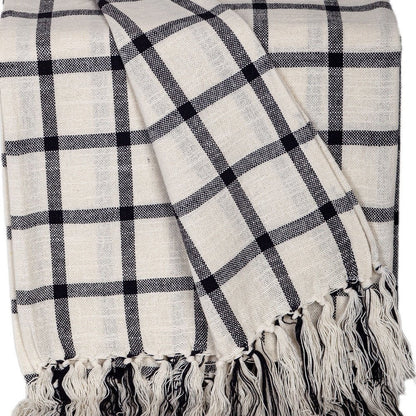 50" X 60" Black and Off White Cotton Woven Plaid Throw Throw Blanket with Fringe HomeRoots