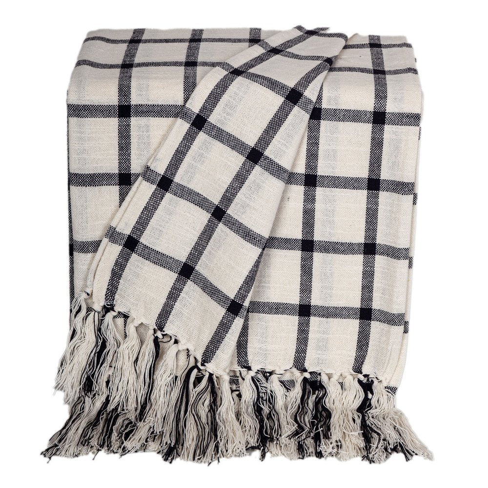50" X 60" Black and Off White Cotton Woven Plaid Throw Throw Blanket with Fringe HomeRoots