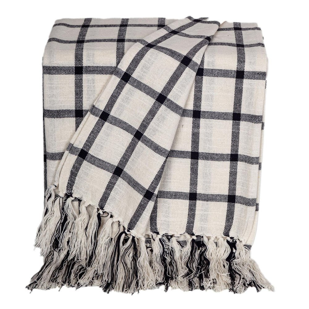50" X 60" Black and Off White Cotton Woven Plaid Throw Throw Blanket with Fringe HomeRoots