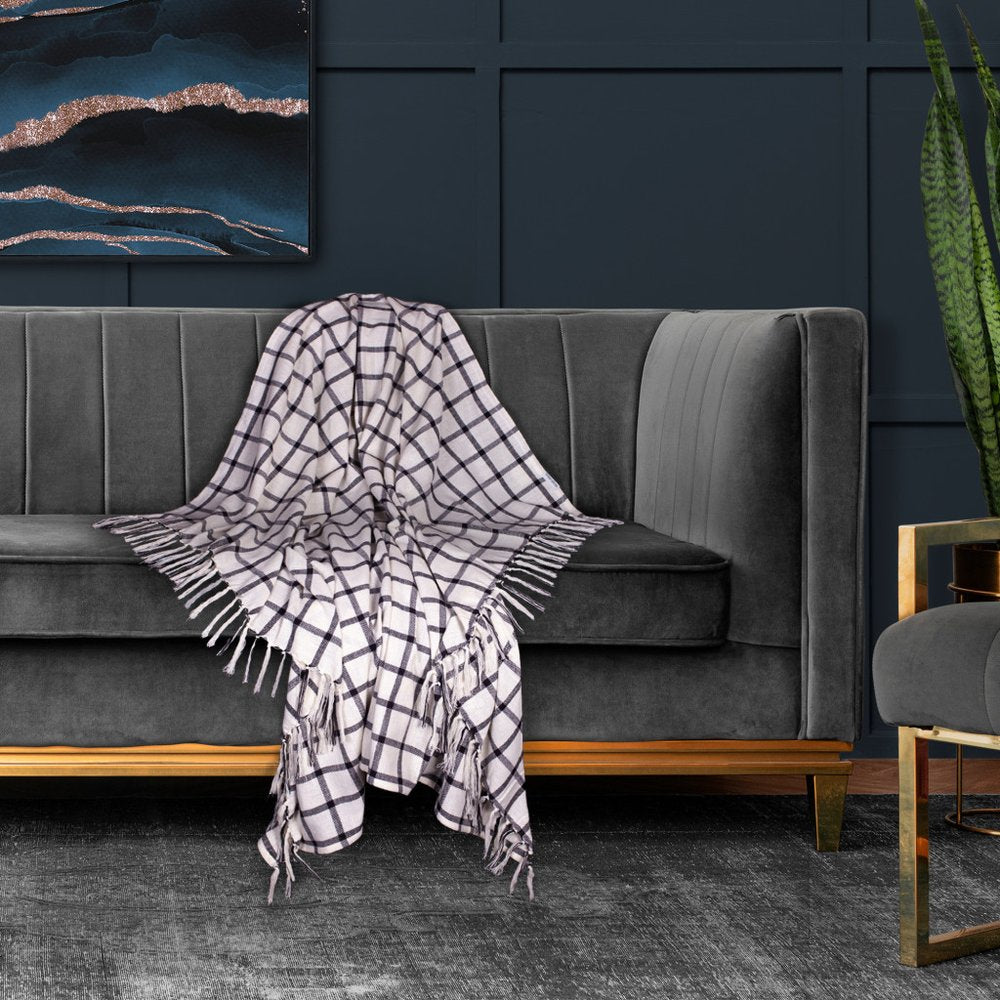 50" X 60" Black and Off White Cotton Woven Plaid Throw Throw Blanket with Fringe HomeRoots