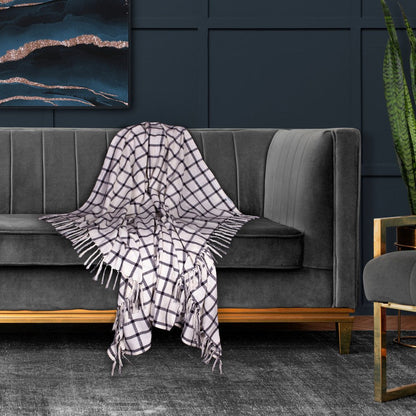 50" X 60" Black and Off White Cotton Woven Plaid Throw Throw Blanket with Fringe HomeRoots