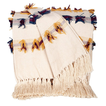 50" X 60" Ivory Blue and Yellow Woven Cotton Striped Throw Blanket with Tassels and Fringe HomeRoots