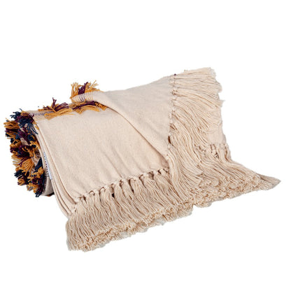 50" X 60" Ivory Blue and Yellow Woven Cotton Striped Throw Blanket with Tassels and Fringe HomeRoots