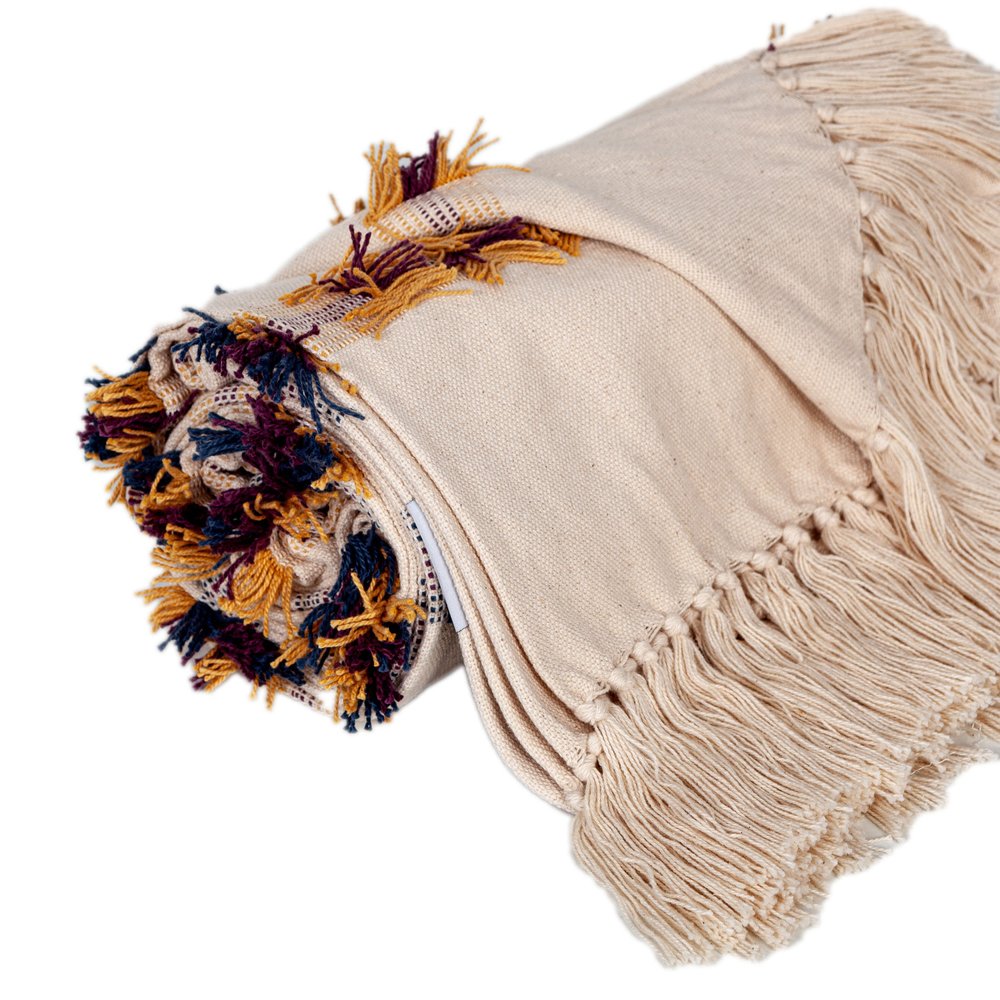 50" X 60" Ivory Blue and Yellow Woven Cotton Striped Throw Blanket with Tassels and Fringe HomeRoots