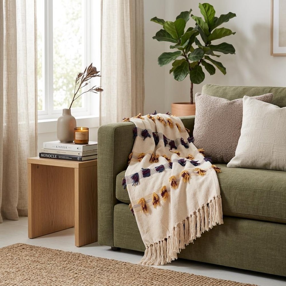 50" X 60" Ivory Blue and Yellow Woven Cotton Striped Throw Blanket with Tassels and Fringe HomeRoots