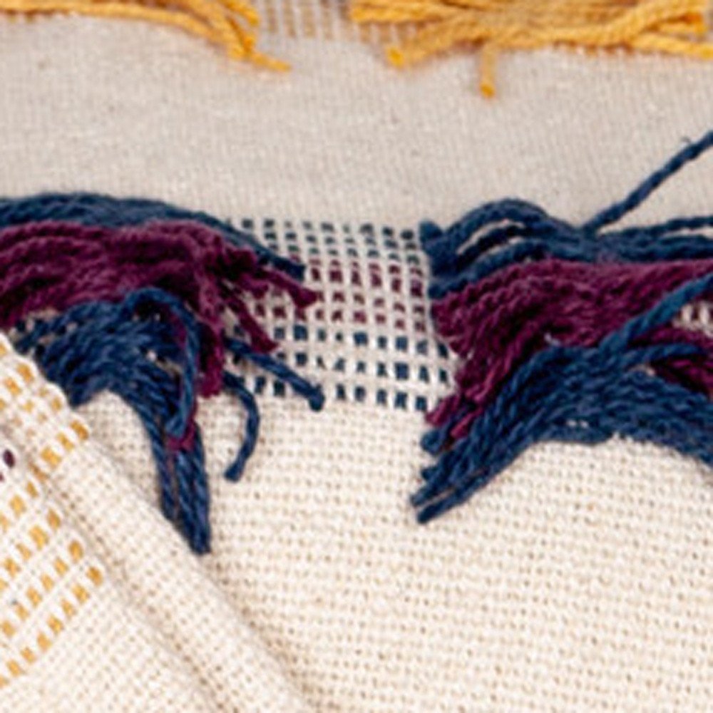 50" X 60" Ivory Blue and Yellow Woven Cotton Striped Throw Blanket with Tassels and Fringe HomeRoots