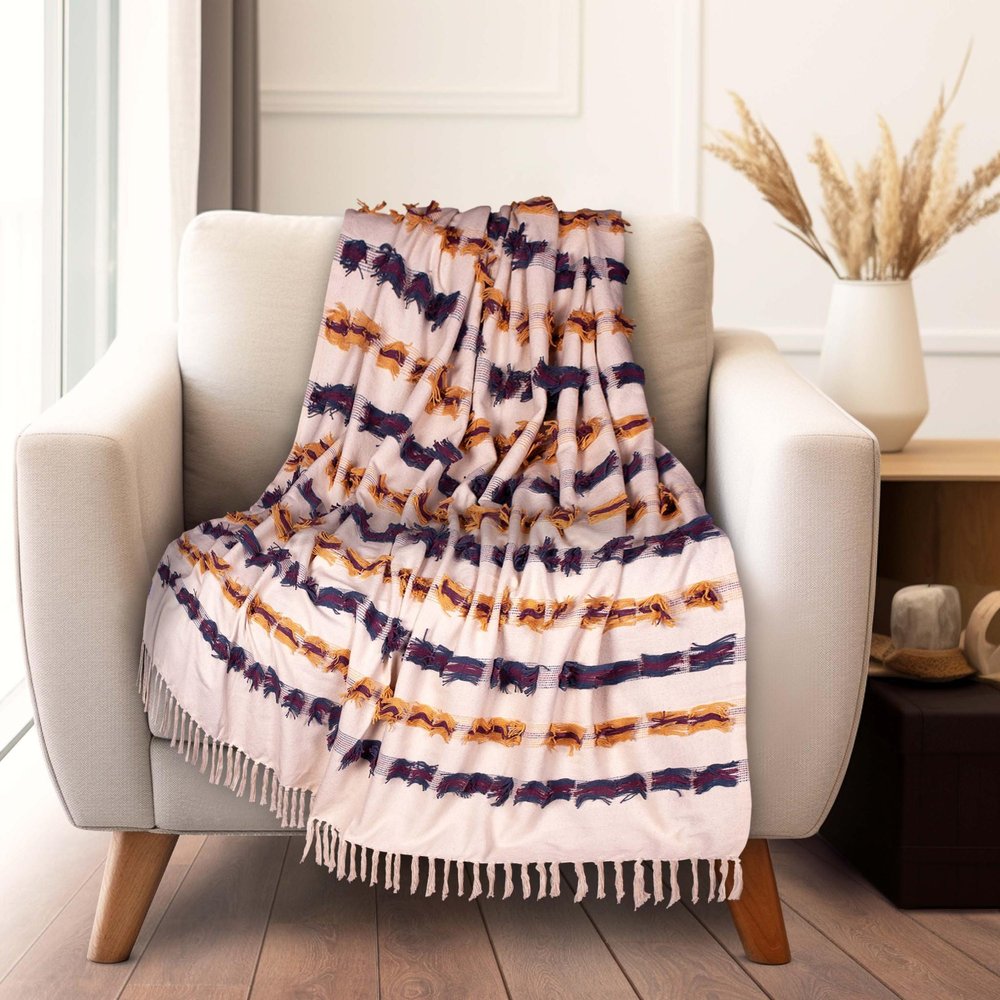 50" X 60" Ivory Blue and Yellow Woven Cotton Striped Throw Blanket with Tassels and Fringe HomeRoots