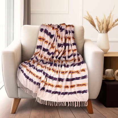50" X 60" Ivory Blue and Yellow Woven Cotton Striped Throw Blanket with Tassels and Fringe HomeRoots