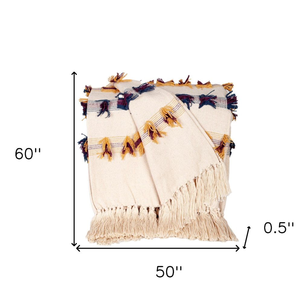 50" X 60" Ivory Blue and Yellow Woven Cotton Striped Throw Blanket with Tassels and Fringe HomeRoots