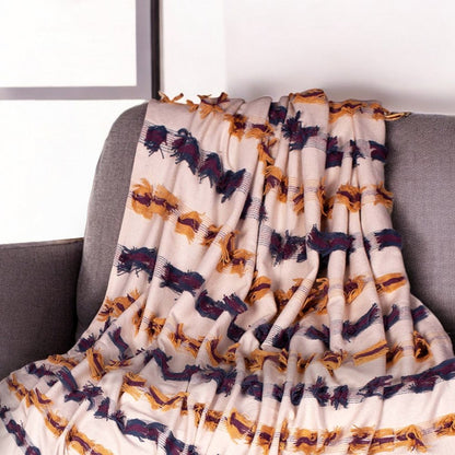 50" X 60" Ivory Blue and Yellow Woven Cotton Striped Throw Blanket with Tassels and Fringe HomeRoots