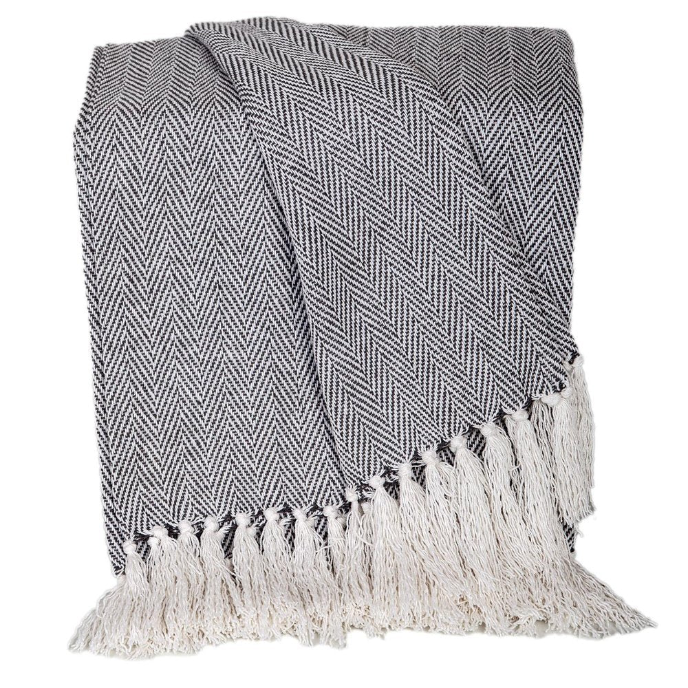 52" X 67" Gray and Ivory Woven Cotton Herringbone Throw Blanket with Fringe HomeRoots