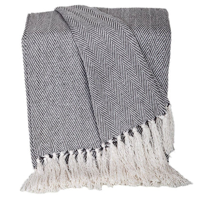 52" X 67" Gray and Ivory Woven Cotton Herringbone Throw Blanket with Fringe HomeRoots