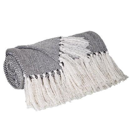 52" X 67" Gray and Ivory Woven Cotton Herringbone Throw Blanket with Fringe HomeRoots