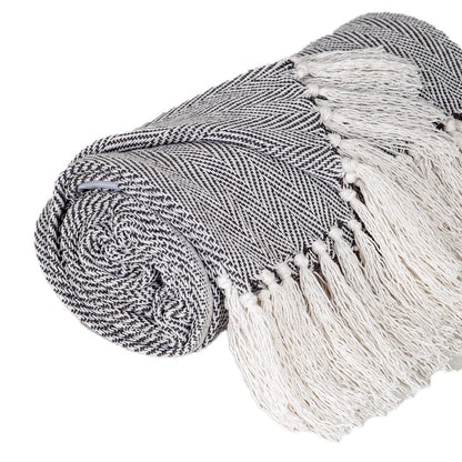 52" X 67" Gray and Ivory Woven Cotton Herringbone Throw Blanket with Fringe HomeRoots